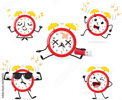 Cartoon alarm clocks, set of Cute characters, Isolated on white background