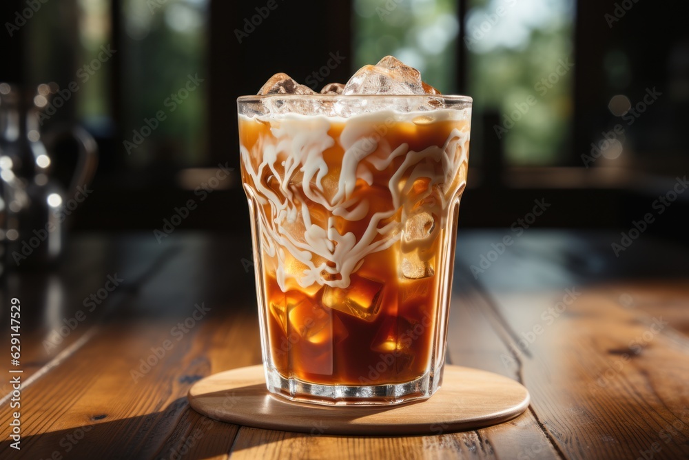 Iced latte with milk poured into the cold cup on wooden background Iced latte with milk poured into the cold cup on wooden background