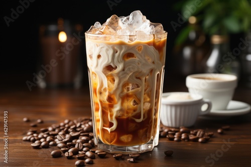 Iced latte with milk poured into the cold cup on wooden background