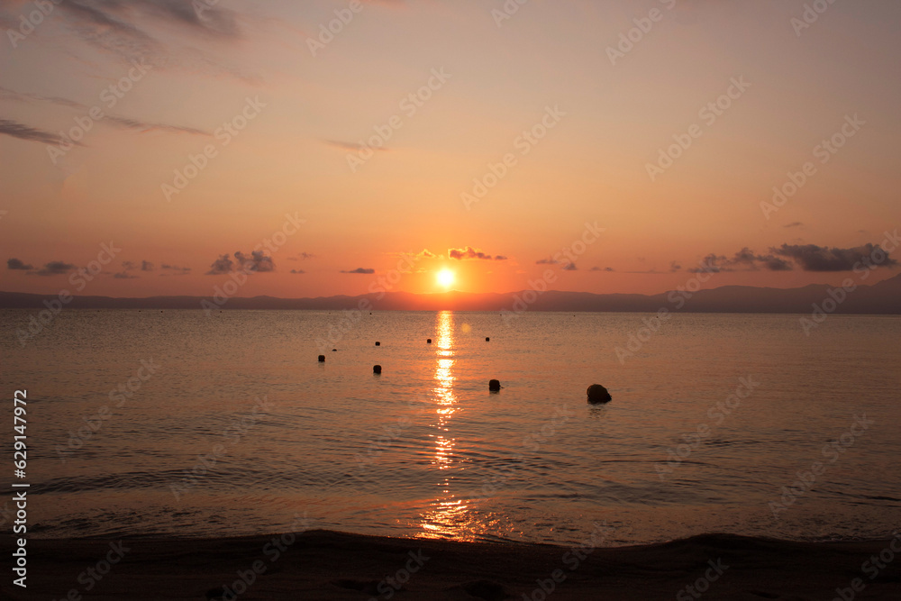 Nature landscape view of beautiful tropical beach and sea on sunrise. Beach sea space area