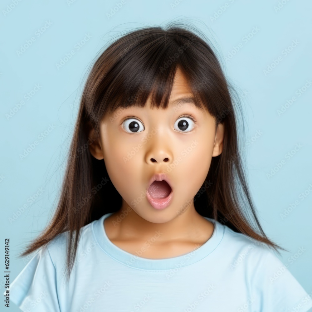 Portrait of a surprised little Asian girl with big eyes and an open mouth. Closeup face of an amazed Chinese child on a blue background. Astonished Japanese kid in a blue shirt looking at the camera. Portrait of a surprised little Asian girl with big eyes and an open mouth. Closeup face of an amazed Chinese child on a blue background. Astonished Japanese kid in a blue shirt looking at the camera.