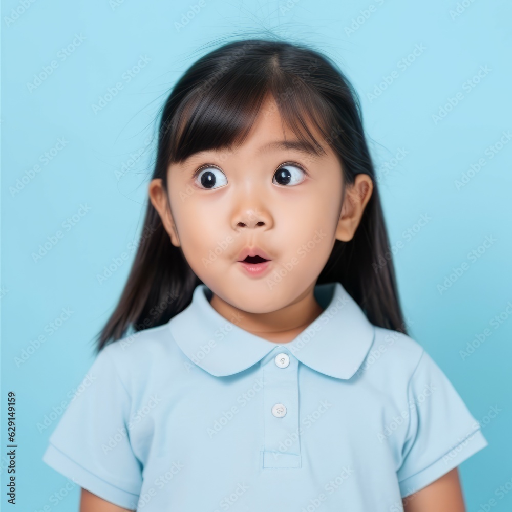 Portrait of a surprised little Asian girl with big eyes and an open mouth looking to the side. Closeup face of an amazed Chinese child on a blue background. Astonished Japanese kid in a blue shirt. Portrait of a surprised little Asian girl with big eyes and an open mouth looking to the side. Closeup face of an amazed Chinese child on a blue background. Astonished Japanese kid in a blue shirt.
