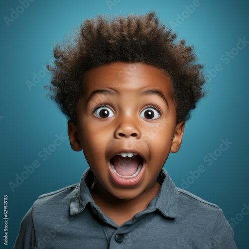 Portrait of a surprised little African boy with open mouth and big eyes. Closeup face of a shocked African-American child on a background looking at camera. Front view of amazed kid in casual clothes.