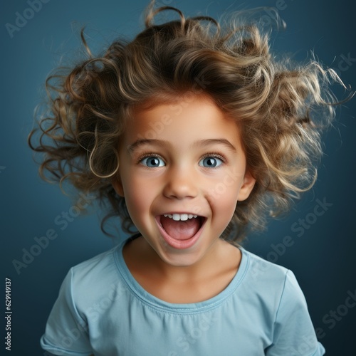 Portrait of a surprised little girl with big eyes and an open mouth. Closeup face of an amazed Caucasian child on a blue background. Astonished  European kid in a blue shirt looking at the camera.
