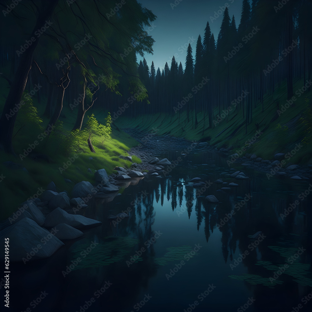 tranquil forest river with green trees, reflecting nature's beauty, generative AI
