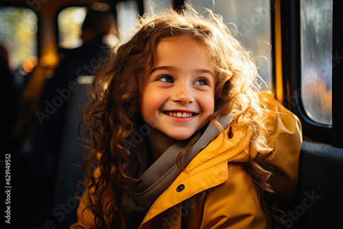 School Bus: smiling Cute Girl Getting On school Bus