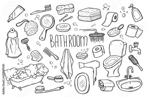 Hand drawn set of Bathroom doodle. Towel, bathrobe, shower, bathtub, mirror in sketch style. Vector illustration isolated on white background.