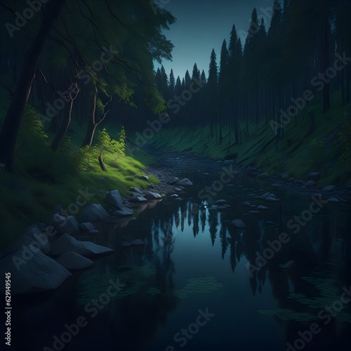 tranquil forest river with green trees  reflecting nature s beauty  generative AI 