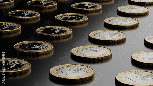 Photos Several euro coins lying on a dark surface