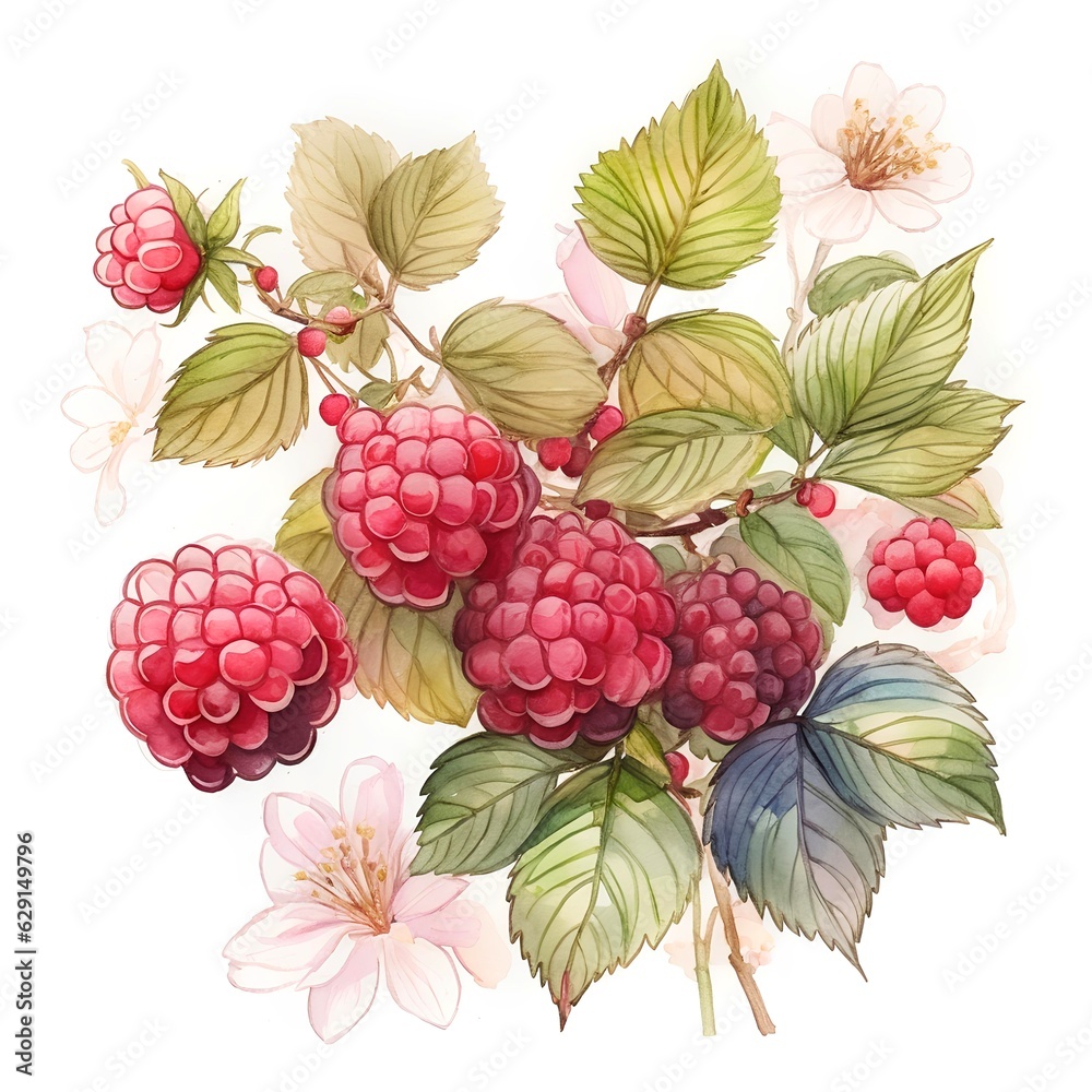 watercolor illustration of raspberries shrub with blossoms and berries isolated on white background for graphic design watercolor illustration of raspberries shrub with blossoms and berries isolated on white background for graphic design