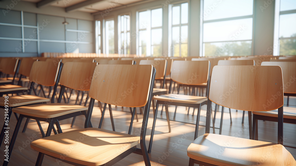 Vintage wooden chairs fill the empty classroom, creating a warm ambiance