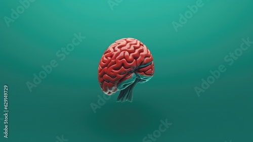 Illustration of a red human brain on green background with copy space for text