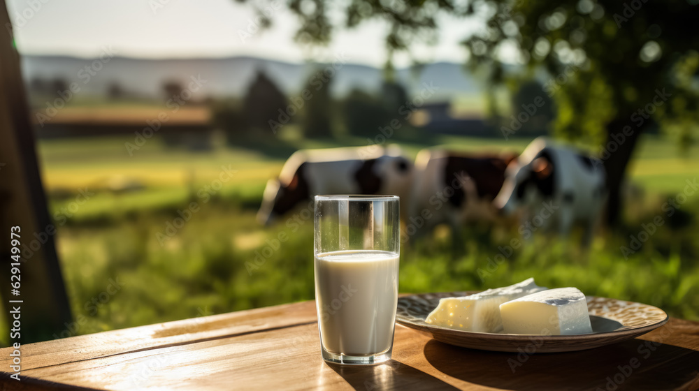 Bottle of milk glass of milk and plate of cheese on table in front of a field with cows 