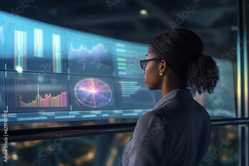 Black curly woman watching finance stock.