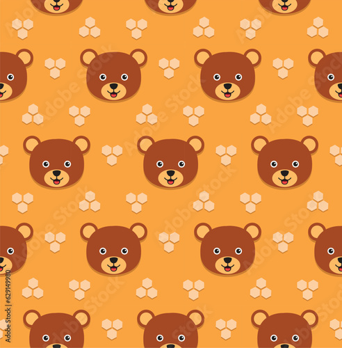 bear and honey comb cartoon seamless pattern on orange background