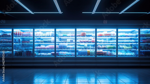 The refrigerator is located in the cold storage area of the supermarket