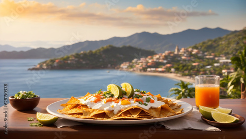 A visually stunning photograph of a Chilaquiles placed on a table with view of a town, serene ocean, and majestic mountains in Zihuatanejo.