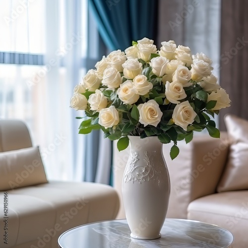 Bouquet of fresh roses flowers in a porcelain vase on in modern luxury interior.  Ceramic vase with beautiful white roses by the window. Art Illustration of fresh roses in beautiful vase.