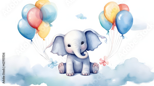 Cute baby elephant and balloons sits on the cloud painted in watercolor on a white isolated background.