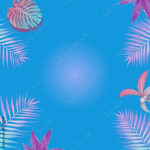Tropical and palm leaves in vibrant bold gradient holographic neon colors. Concept art. Minimal surrealism summer background