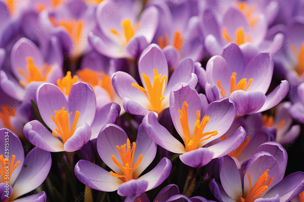 Close up of purple crocus flowers with orange pistil and stamens Arlington, Massachusetts.GenerativeAI. Close up of purple crocus flowers with orange pistil and stamens Arlington, Massachusetts.GenerativeAI.