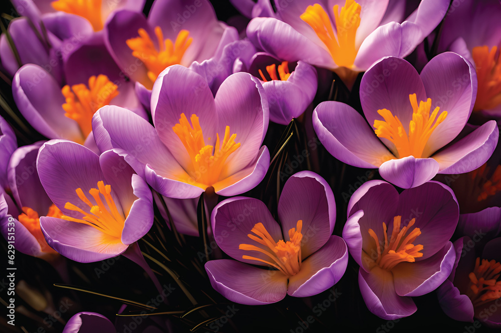 Naklejka premium Close up of purple crocus flowers with orange pistil and stamens Arlington, Massachusetts.GenerativeAI.