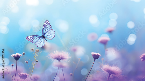 Beautiful wild flowers,Chamomile, purple wild pea, butterfly in morning.GenerativeAI. © JewJew