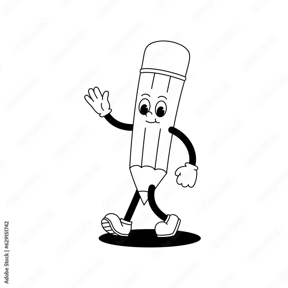 Vector cartoon retro mascot monochrome illustration of walking pencil. Vintage style 30s, 40s, 50s old animation. The clipart is isolated on a white background.