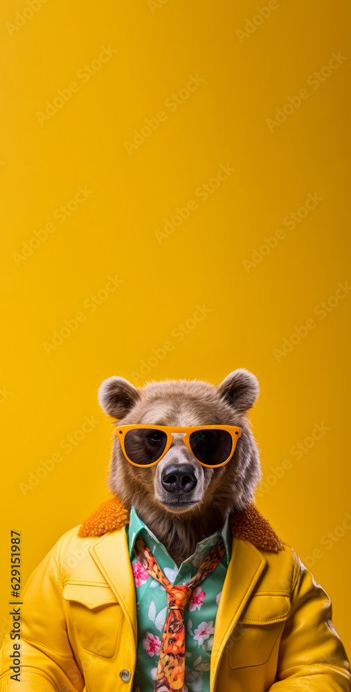 Cool looking bear wearing funky fashion dress - jacket, shirt, tie, dark shades sunglasses. Vertical banner with copy space above. Stylish animal posing. Generative AI