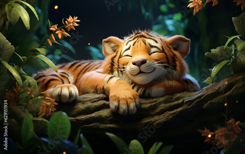Sleeping tiger in fairy tale character style, Generative Ai © Flowstudio