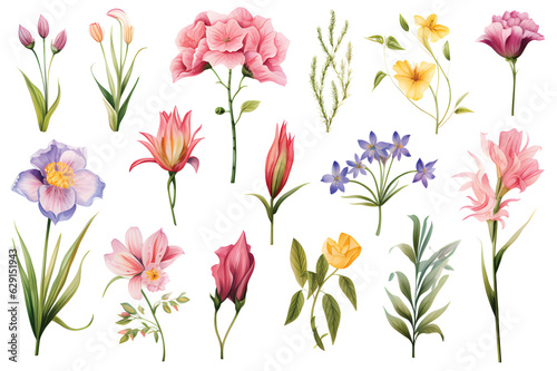 Wild flowers vector collection herbs  herbaceous flowering plants  blooming flowers  subshrubs isolated on white background Hand drawn detailed botanical vector illustration.GenerativeAI.