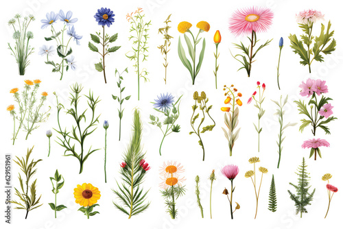 Wild flowers vector collection herbs  herbaceous flowering plants  blooming flowers  subshrubs isolated on white background Hand drawn detailed botanical vector illustration.GenerativeAI.