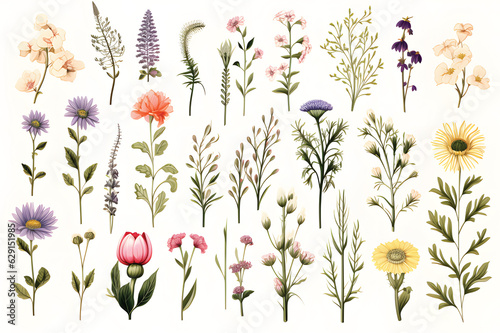 Wild flowers vector collection,herbs, herbaceous flowering plants, blooming flowers, subshrubs isolated on white background,Hand drawn detailed botanical vector illustration.GenerativeAI. © JewJew