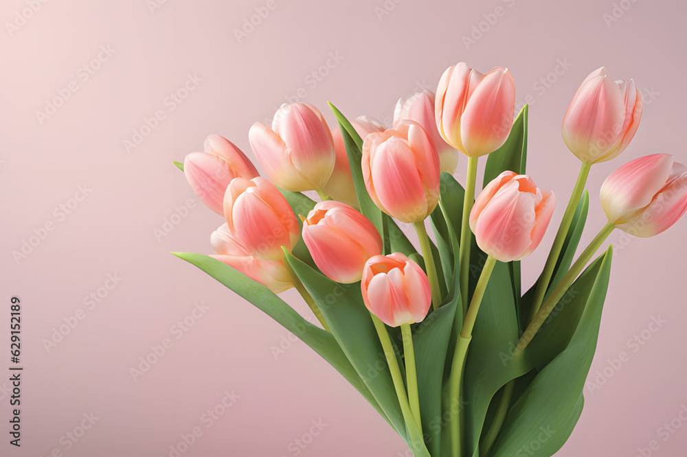Fototapeta premium Natural bouquet of spring tulips. Pink tulips on a plain background.GenerativeAI.