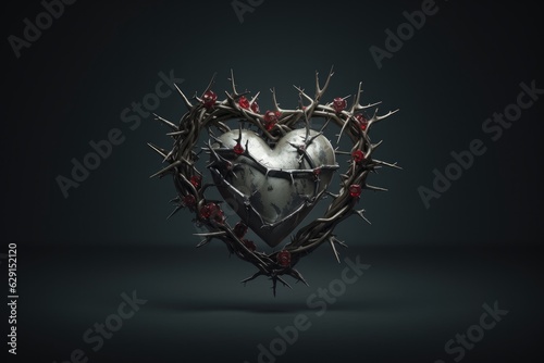 The Sacred Heart, a crown of thorns in the shape of a heart on dark background