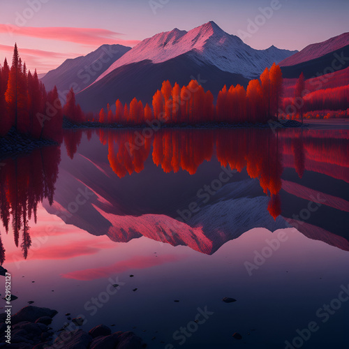a mountain range is reflected in a lake having a pink sky, generative AI