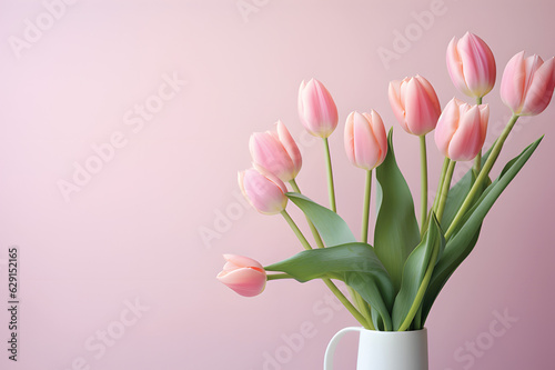 Natural bouquet of spring tulips. Pink tulips on a plain background.GenerativeAI. © JewJew