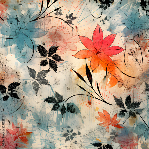 Abstract seamless pattern with leaves and flowers, background with grunge texture flowers.GenerativeAI.