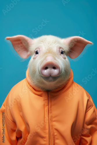 Portrait of pig in orange prison jumpsuit. AI generative art