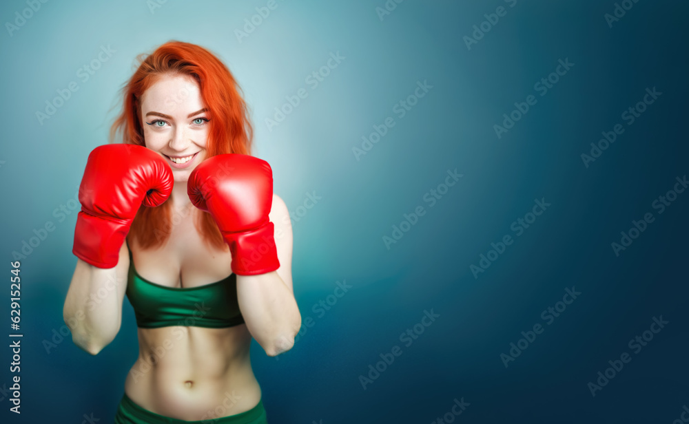 Young woman with ginger red hair wearing red boxing gloves, smiling. Studio portrait wide banner with empty copy space on side. Generative AI Young woman with ginger red hair wearing red boxing gloves, smiling. Studio portrait wide banner with empty copy space on side. Generative AI