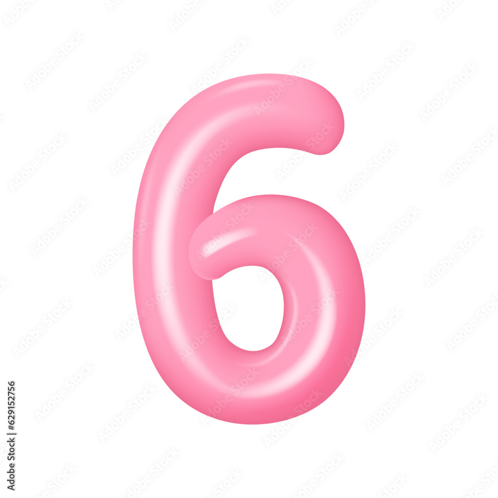 Realistic pink numbers from 6. Plastic volumetric numbers 0 with highlights. Vector illustration