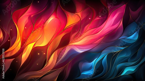 The abstract background has vibrant blue, orange, and pink colors. (Generative AI)