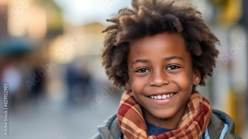 Happy african american boy smiling in the city. Closeup Portrait of a happy African kid standing on a European city street. Male African pre-teen child with perfect white teeth closeup. .