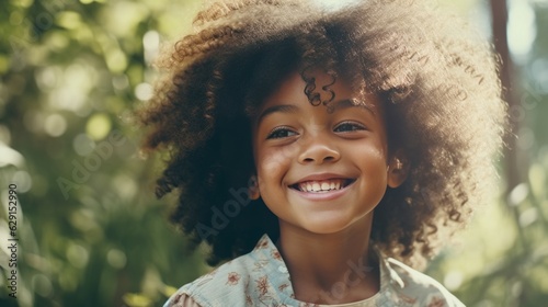 Happy african american girl smiling in the city. Closeup Portrait of a happy African kid standing on a European city street. African female child with perfect white teeth closeup. . photo
