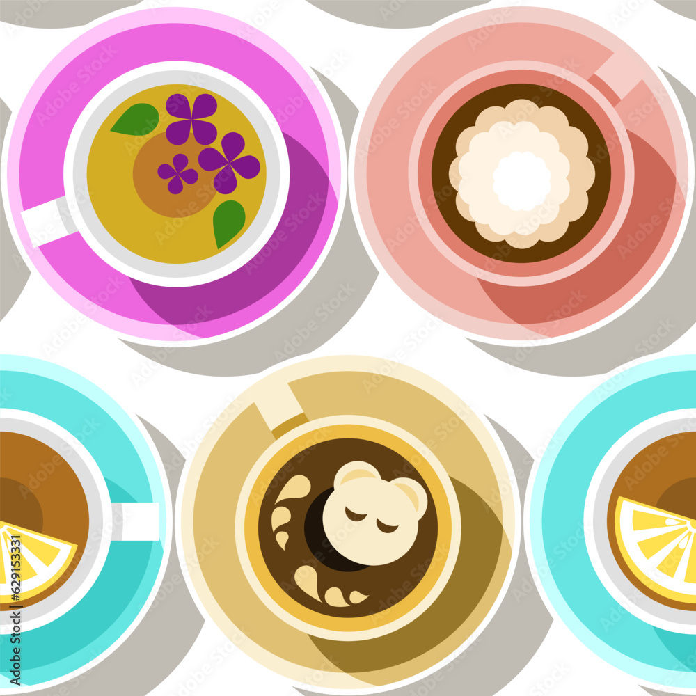 Seamless pattern with cups of coffee and tea with lemon, herbal tea, cappuccino, latte, on a white background. Suits as print, wallpaper, editable. Seamless pattern with cups of coffee and tea with lemon, herbal tea, cappuccino, latte, on a white background. Suits as print, wallpaper, editable.