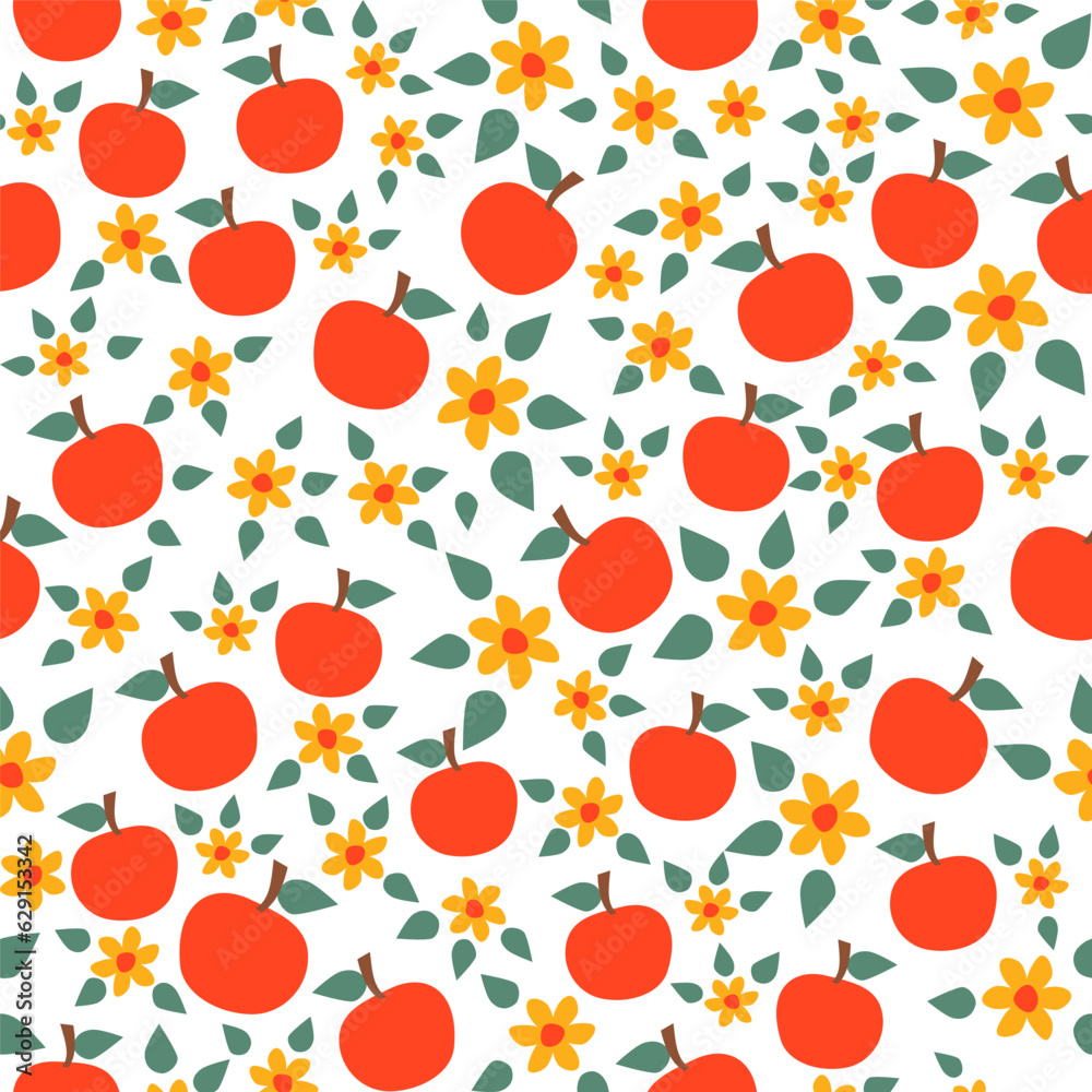 Seamless apple pattern with green leaves and yellow flowers on a white background. Suits as fabric print, wallpaper, all parts are editable. Seamless apple pattern with green leaves and yellow flowers on a white background. Suits as fabric print, wallpaper, all parts are editable.