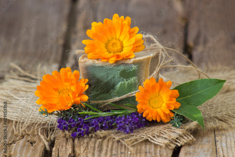 Natural handmade soap with calendula, lavender and herbs Natural handmade soap with calendula, lavender and herbs