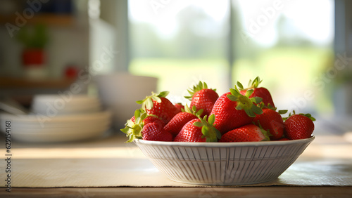basket of strawberries siting on top of a table covered in dishes