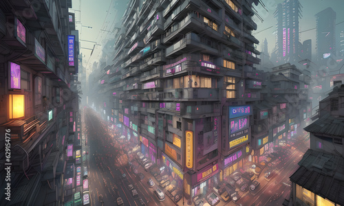 Retro cyber punk futuristic city at night hand drawn illustration,Generative AI