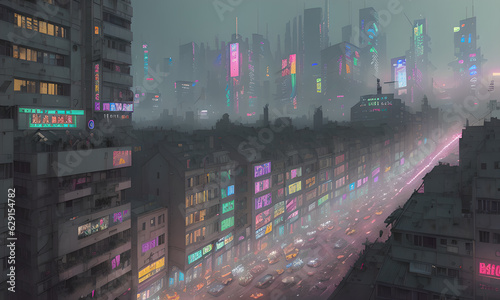 Retro cyber punk futuristic city at night hand drawn illustration Generative AI